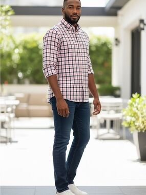 Banana Republic Pink and Navy Plaid Button-Up Shirt
